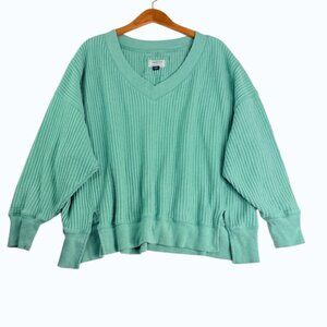 American Eagle Waffle Knit Sweater S Women Loose Fit Green V-Neck Cozy Top